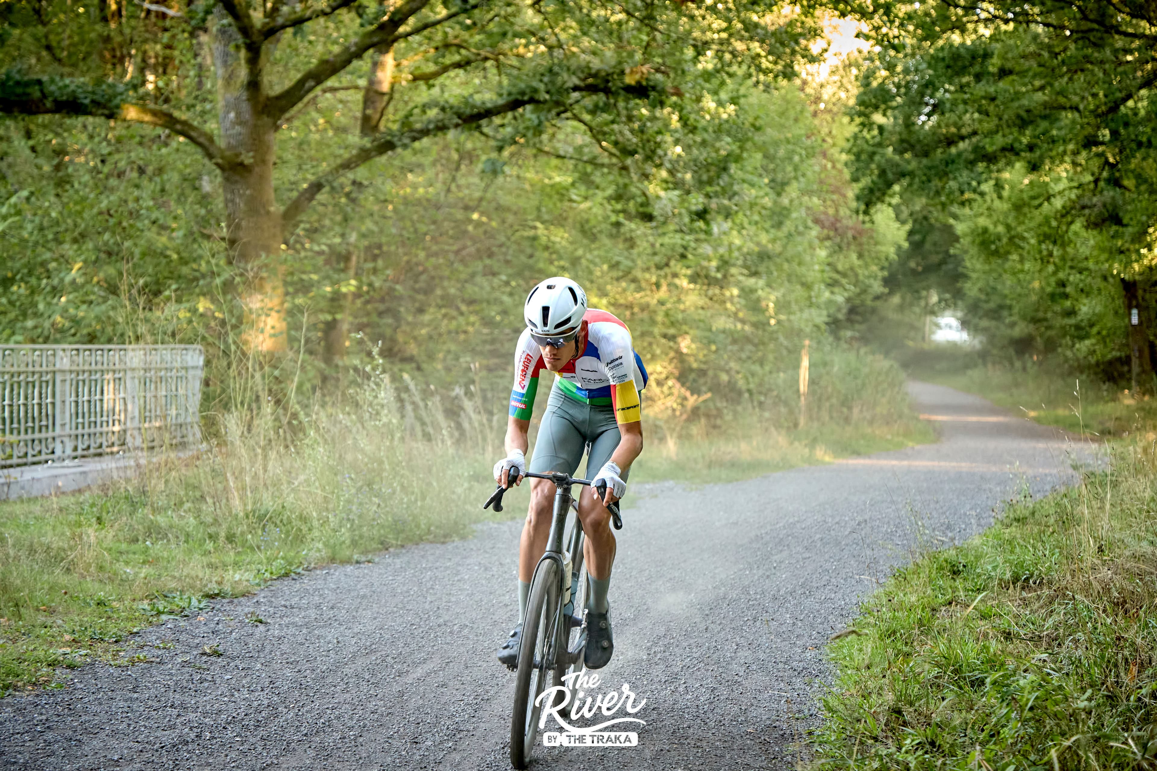 Donoven Francis riding a gravel road at The River by The Traka